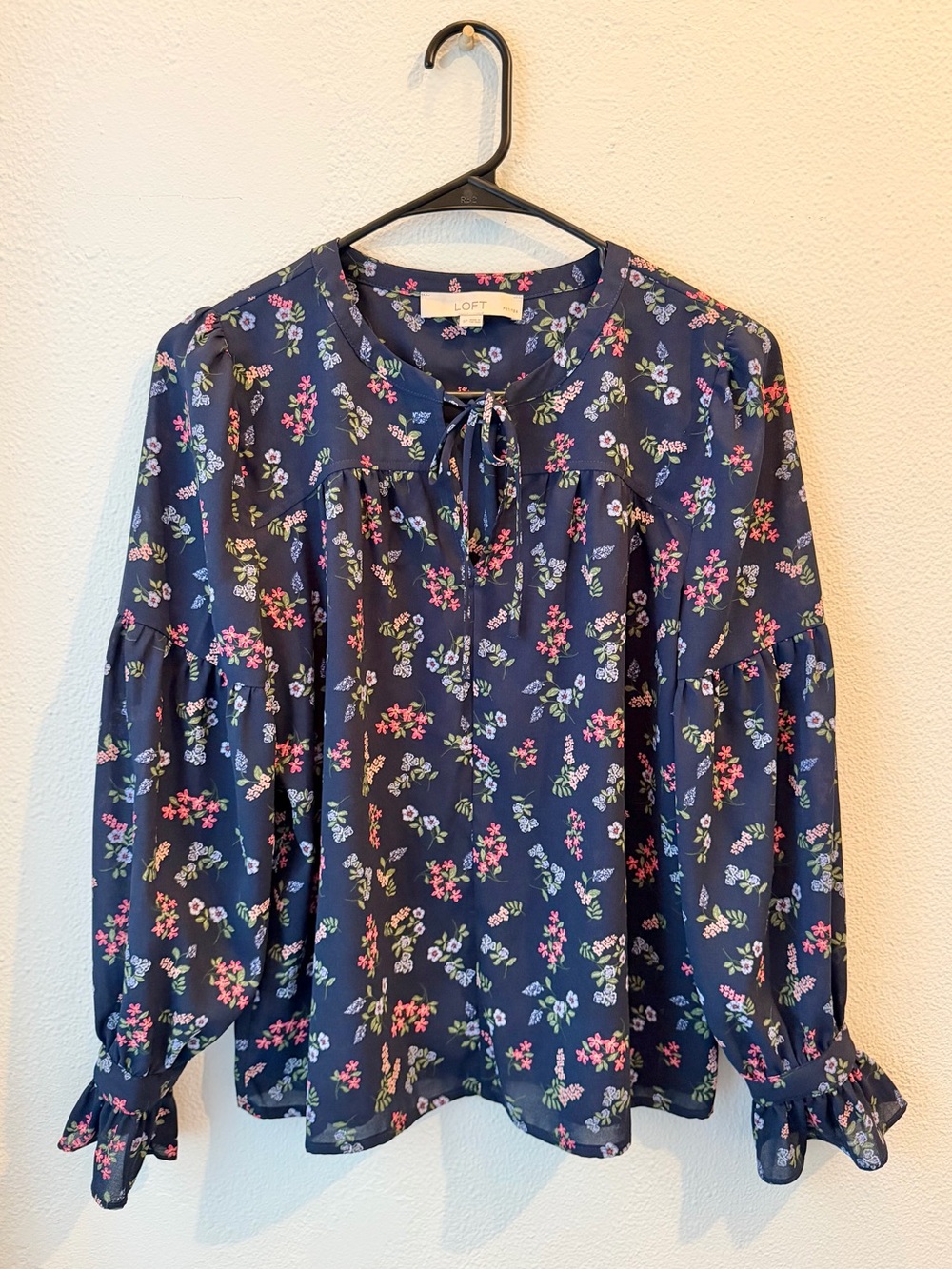 LOFT Navy Floral Tie-Front Blouse